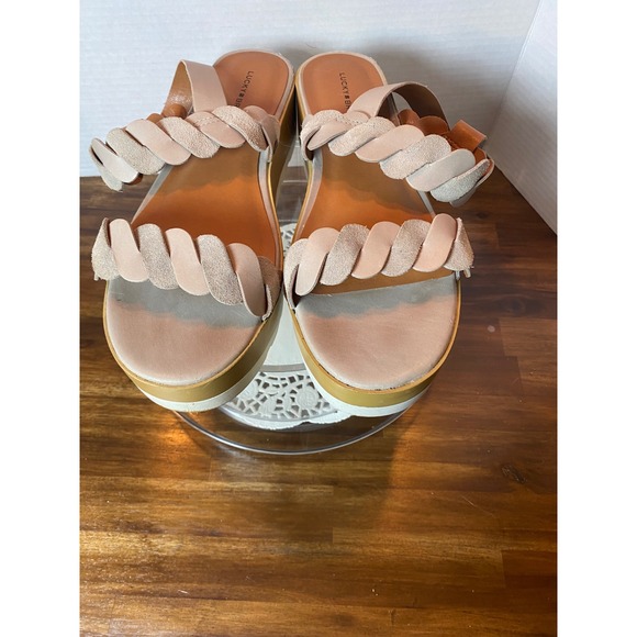 Lucky Brand Vellenora Beige Leather Scalloped Braided Platform Sandals 9M 40 - Picture 2 of 6